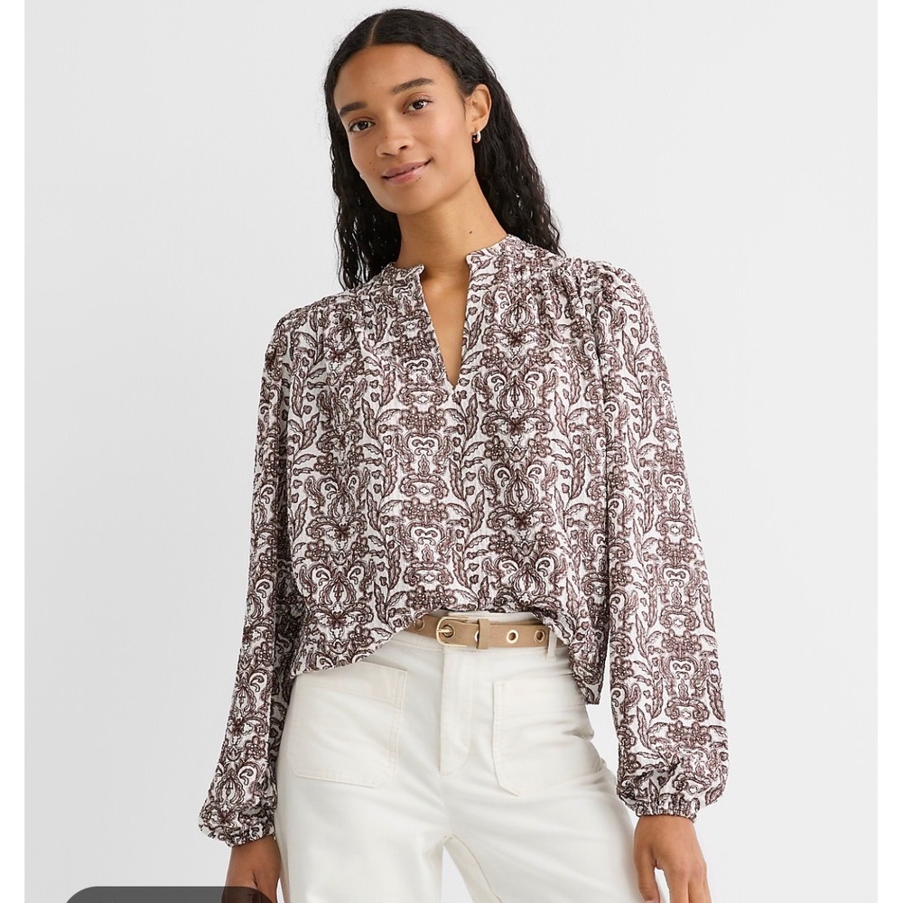 LOFT Womens XL Brown White Paisley Damask Split Neck Long Sleeve Blouse Top